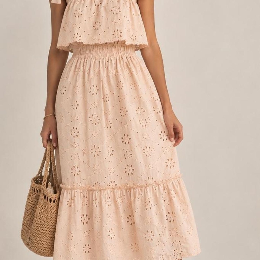 UNE ÂME Pink Eyelet Midi Dress M Cottagecore Tie Strap Cotton